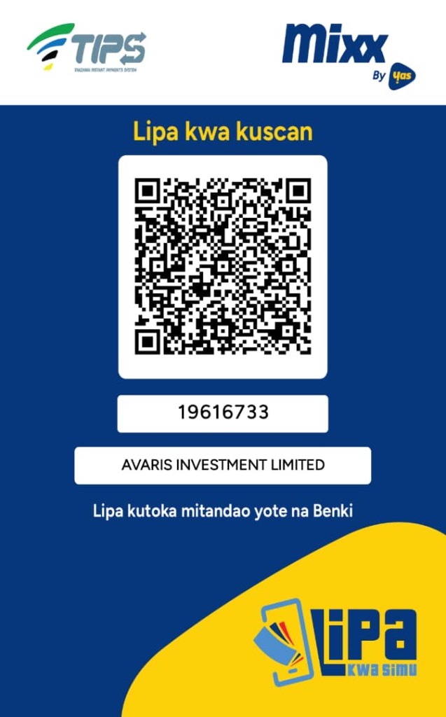 TIPS and Mixx by Yas payment poster with QR code, merchant ID 19616733, and AVARIS INVESTMENT LIMITED